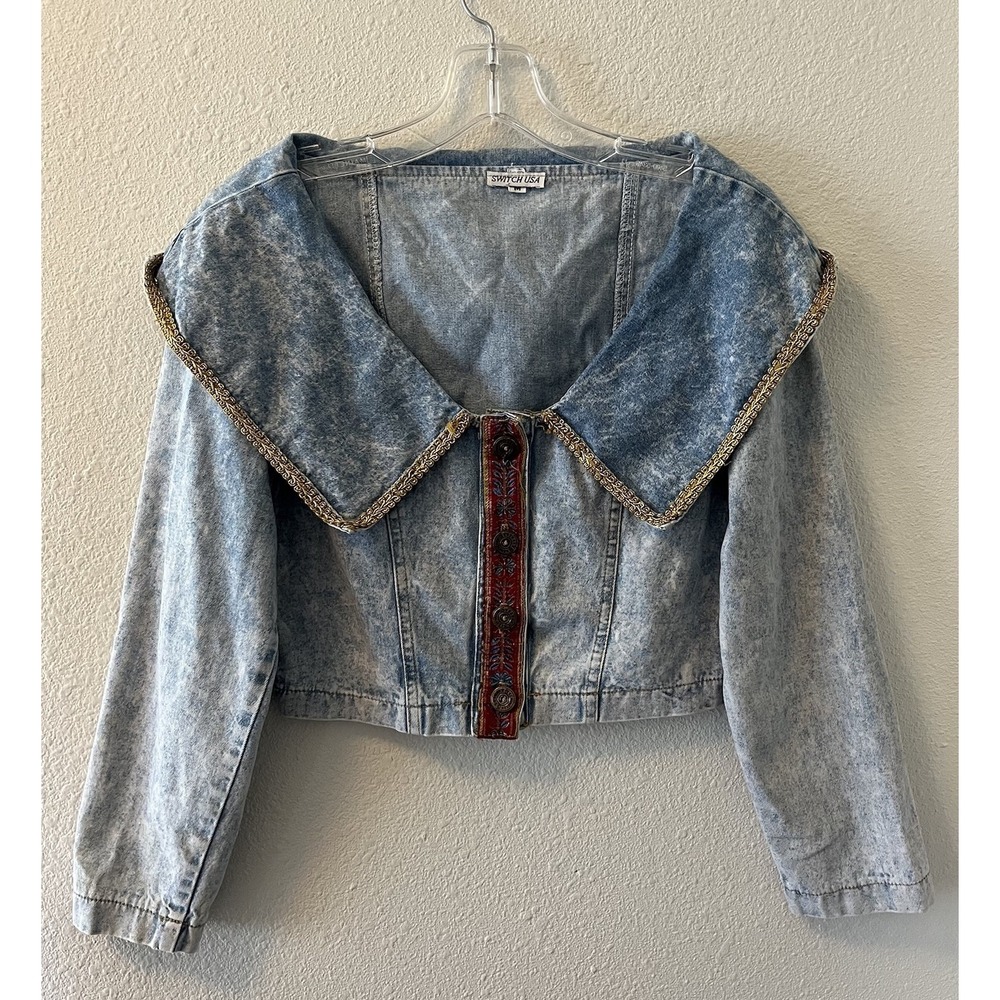 Vintage 80s Switch USA Denim Top Medium Cropped Long Sleeve Collared Buttons